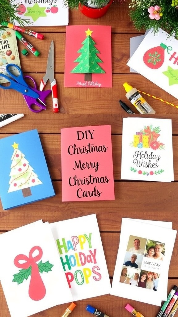 A collection of colorful DIY Christmas cards on a crafting table with supplies.